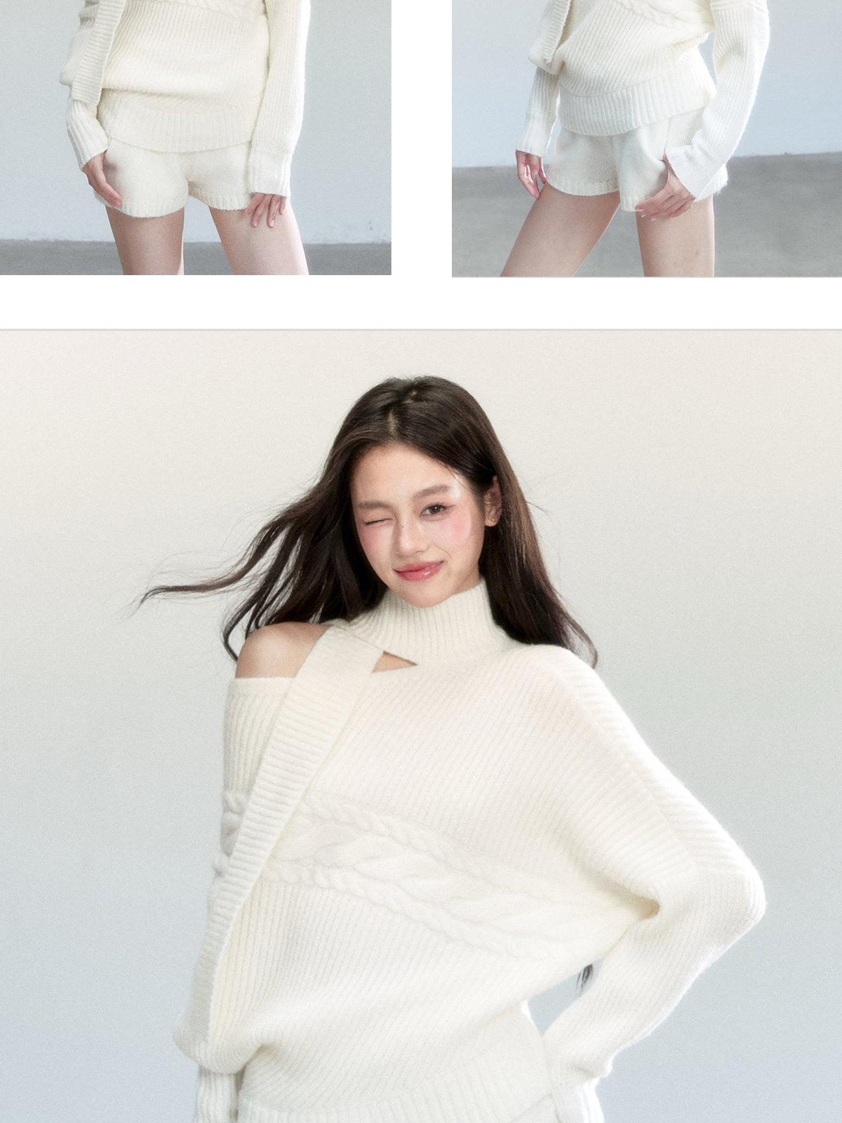 One-Shoulder Cutout Batwing Knit Top And Shorts