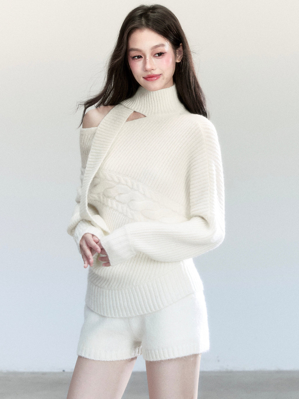 One-Shoulder Cutout Batwing Knit Top And Shorts