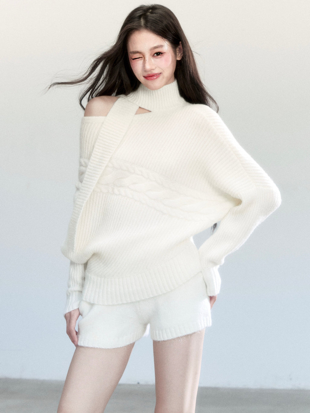 One-Shoulder Cutout Batwing Knit Top And Shorts