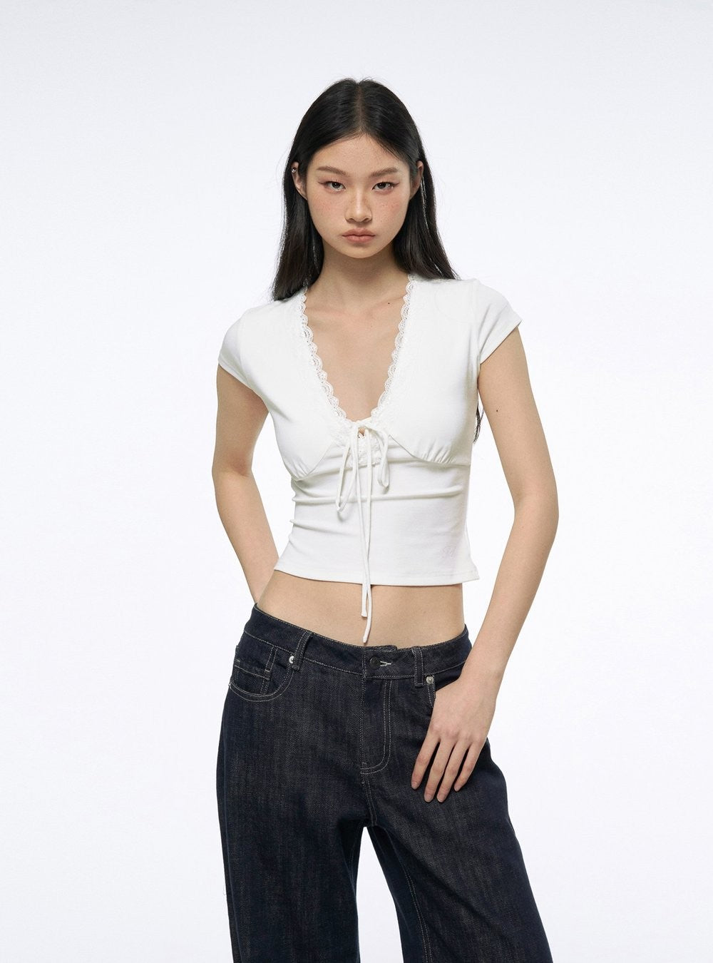 Lace Tie V-Neck Top (2color)