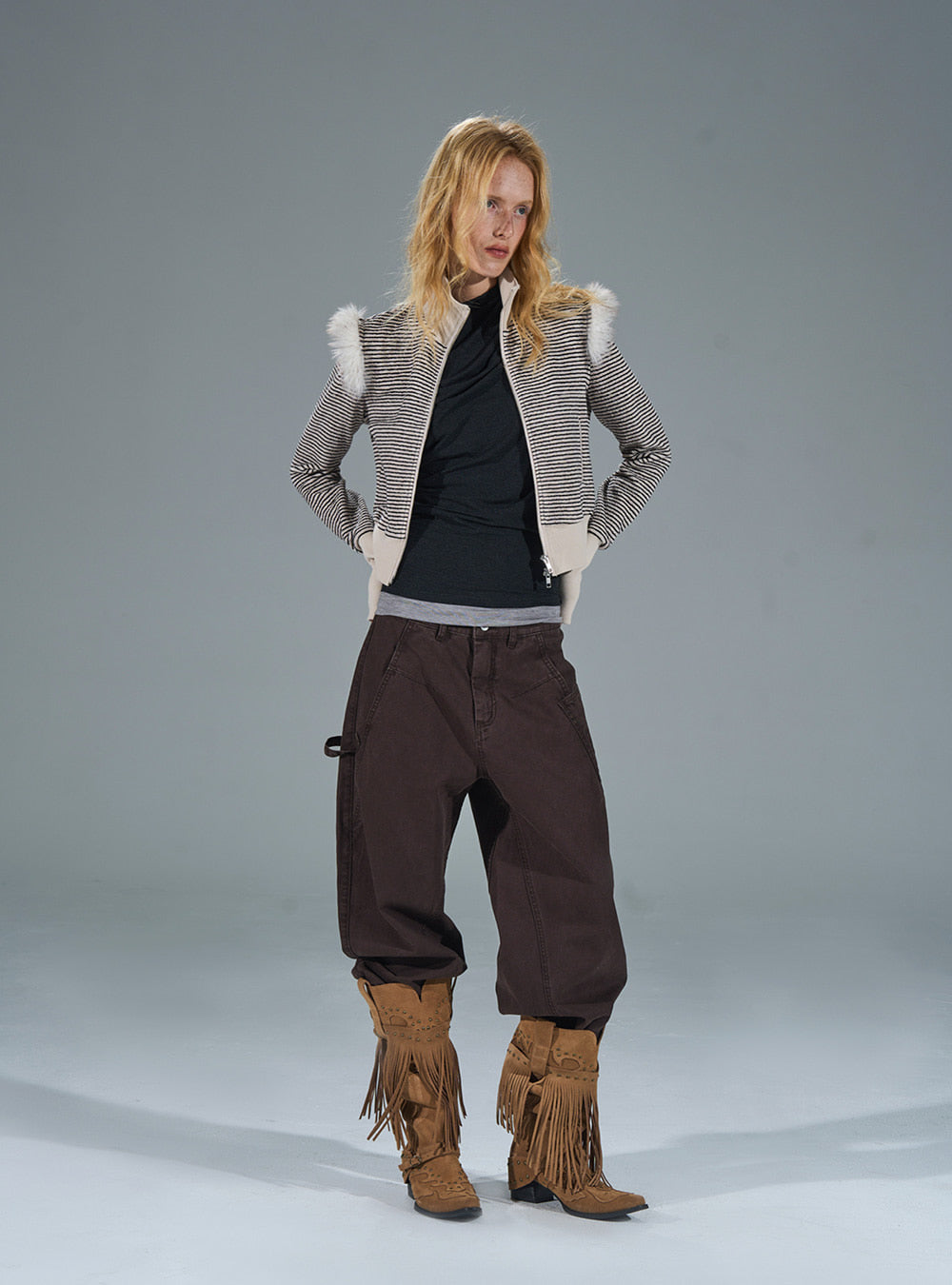 Modern Striped Knit Panel Short Jacket (2color)