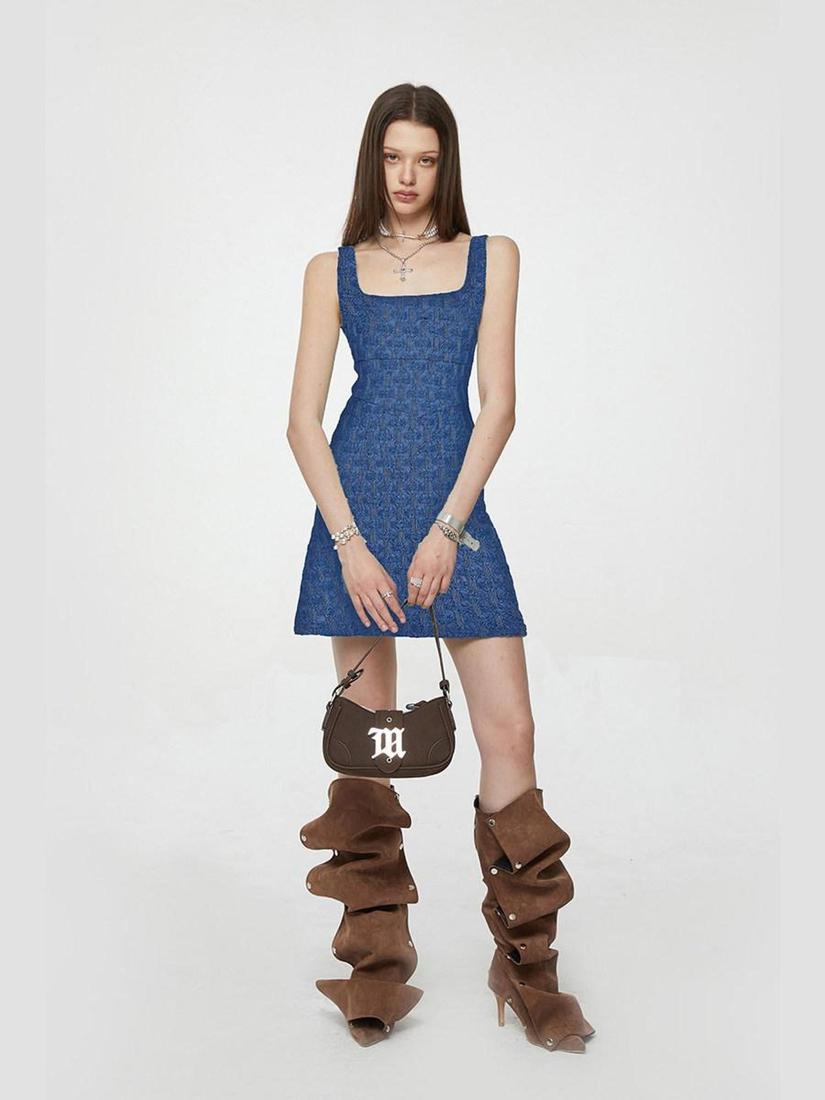 Embroidered High Waist Cotton A Line Square Neck Casual Women Blue Mini Dresses