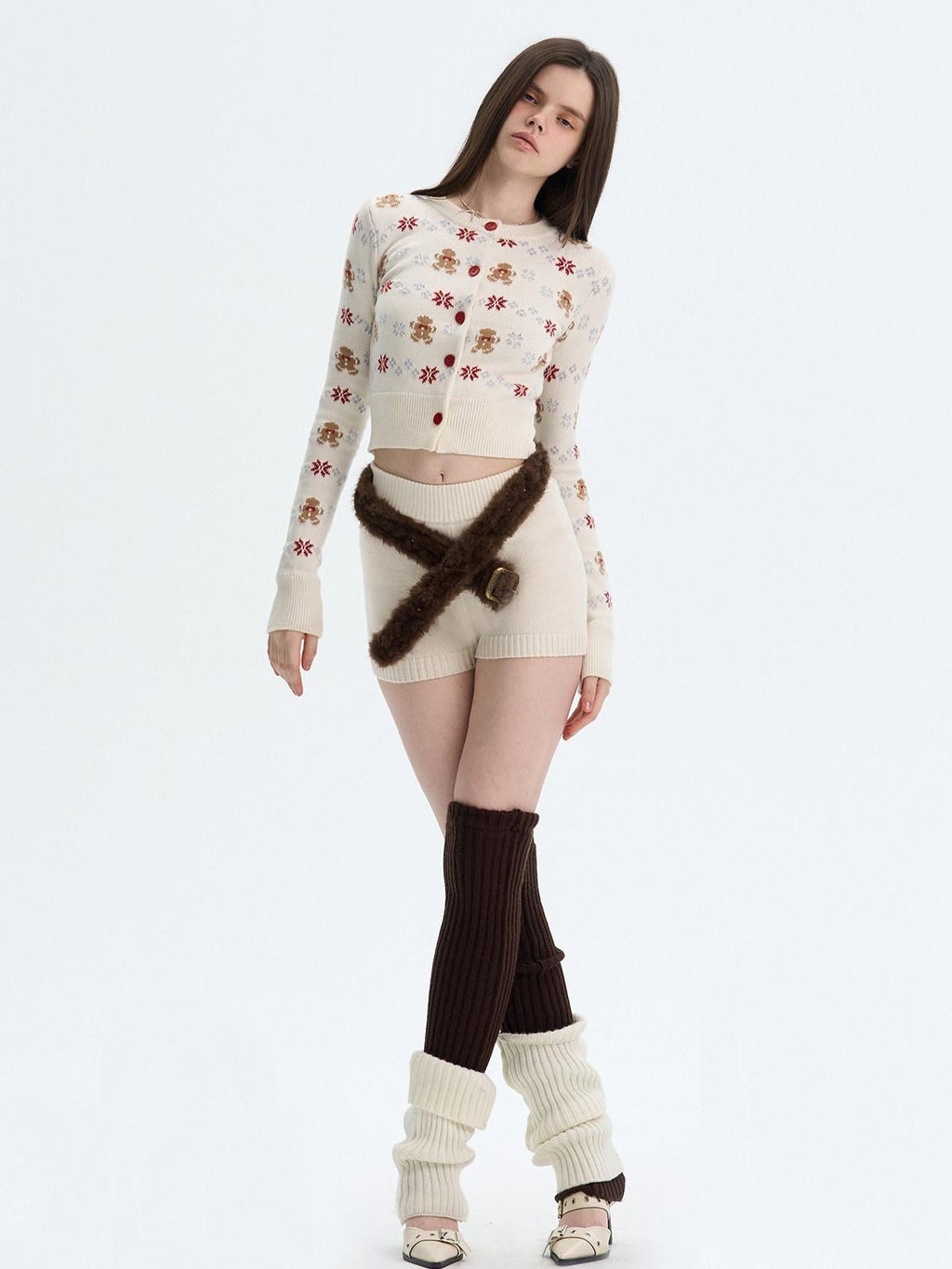 Cashmere Blend Bear Jacquard Cute Slim Cropped Crewneck Knitwear Cardigans