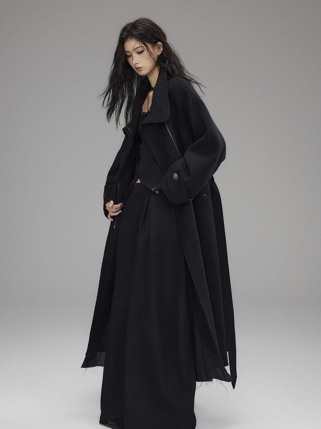 Black Wool Blend Low Rise Zipper Casual Straight Hem Women Wide Leg Pants