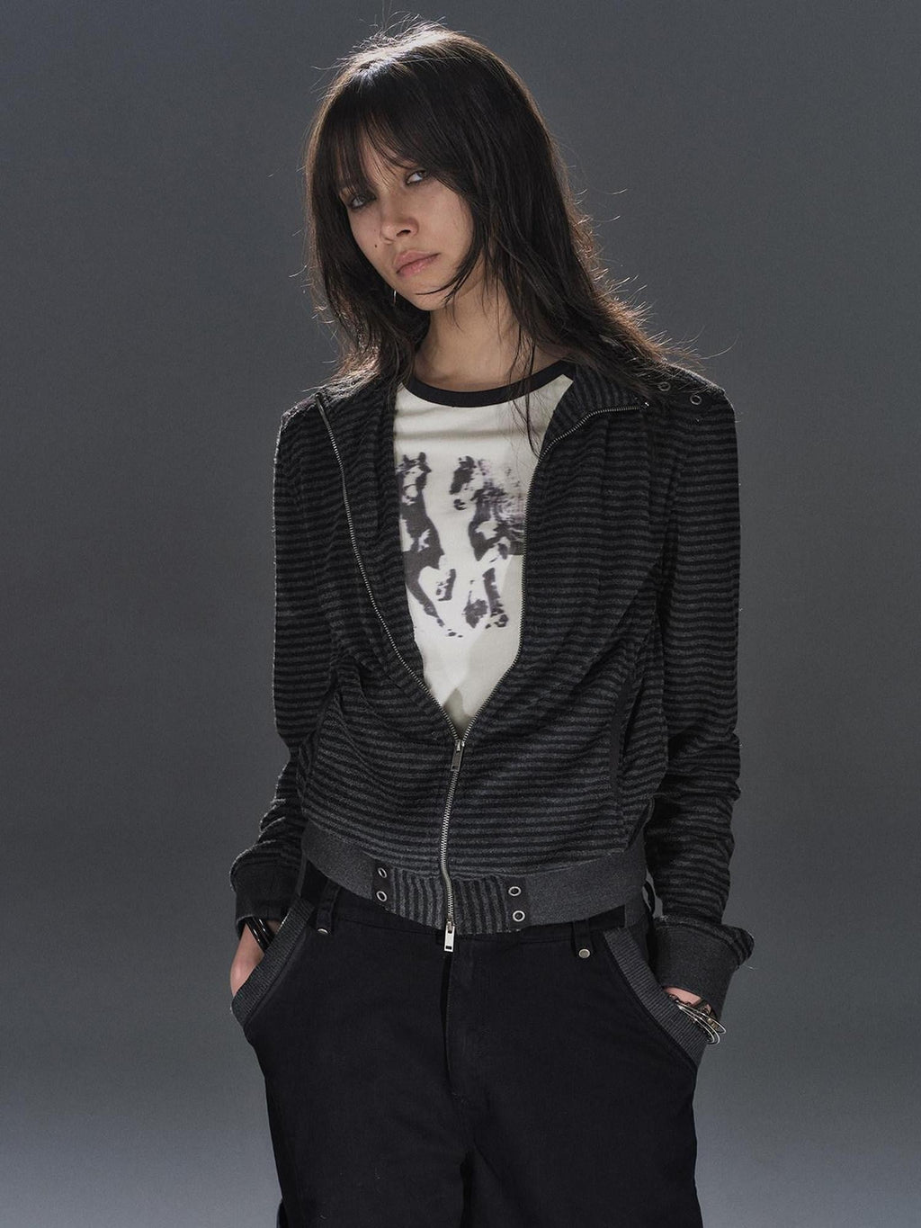 Black Gray Striped Eyelet Tape Splice Punk Women'S Polyester Casual Jackets