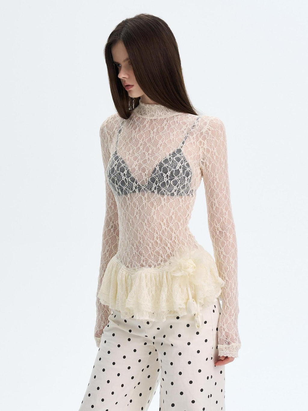 High Stretch Nylon Lace Vintage Slim Layered For Women Long Sleeve Crop Tops