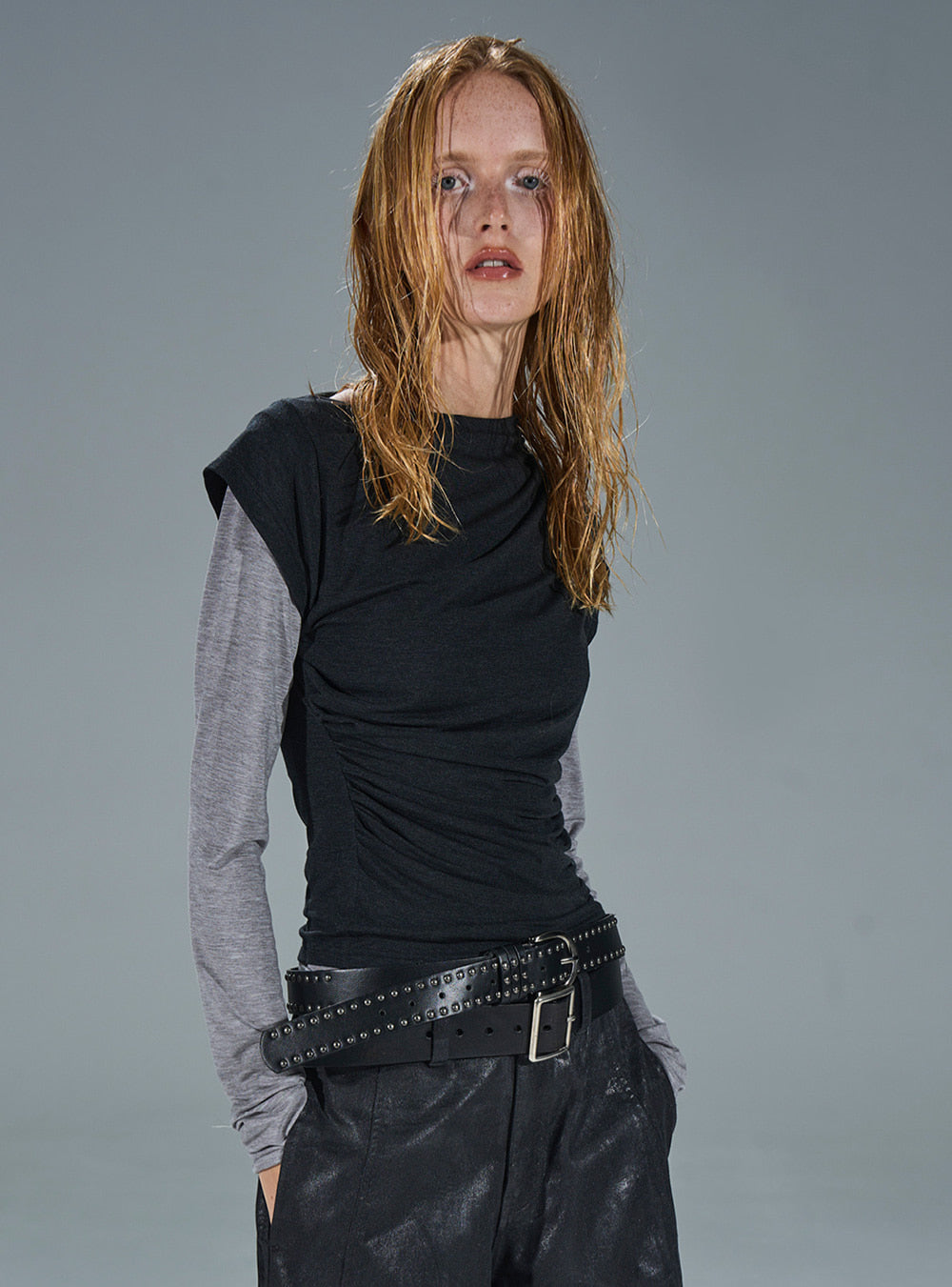 Draped Wool Blend Layered Slim Tee (2color)
