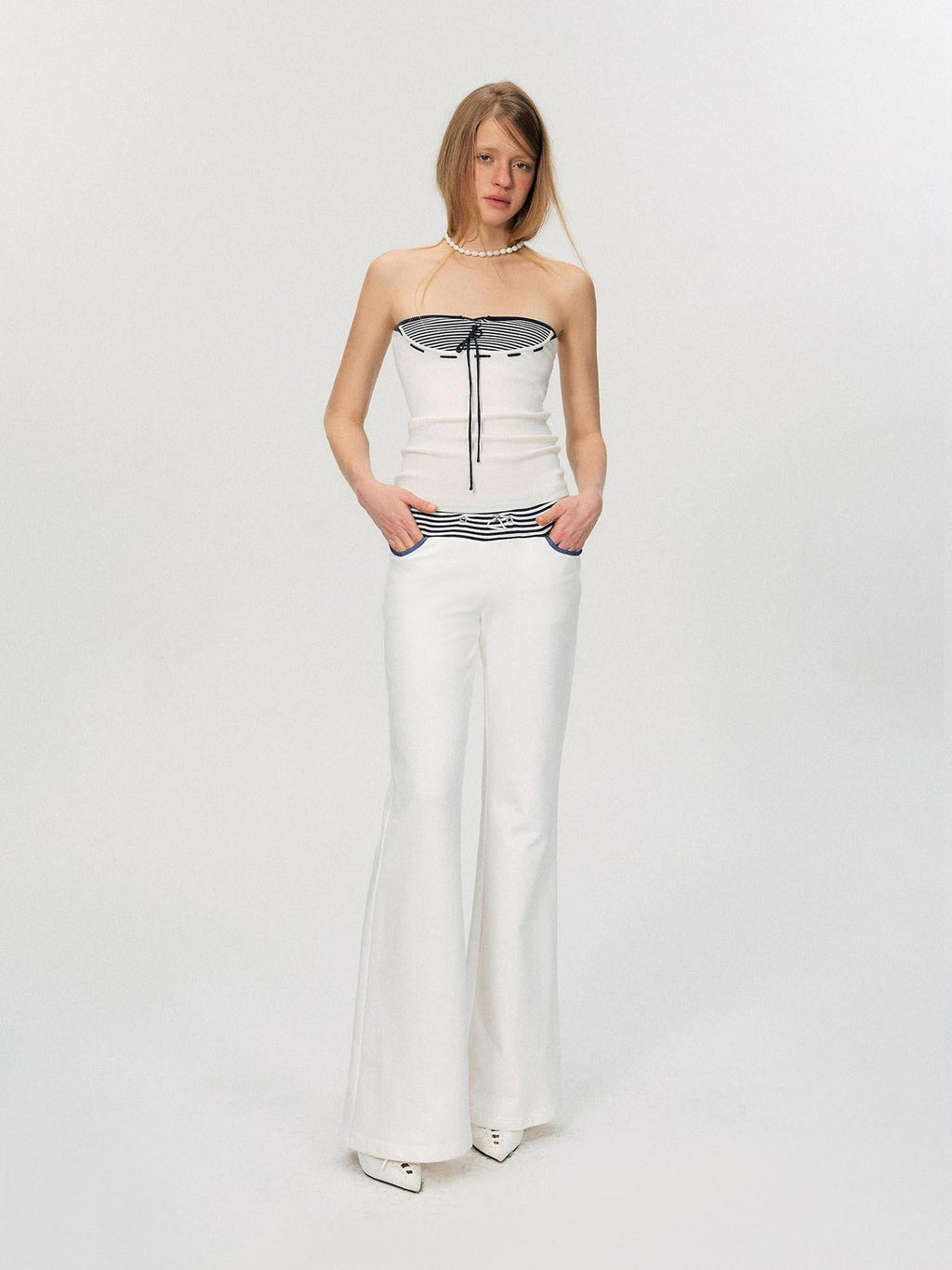 Comfortable Casual Cotton Blend Slight Flare Mid Rise Women White Straight Pants