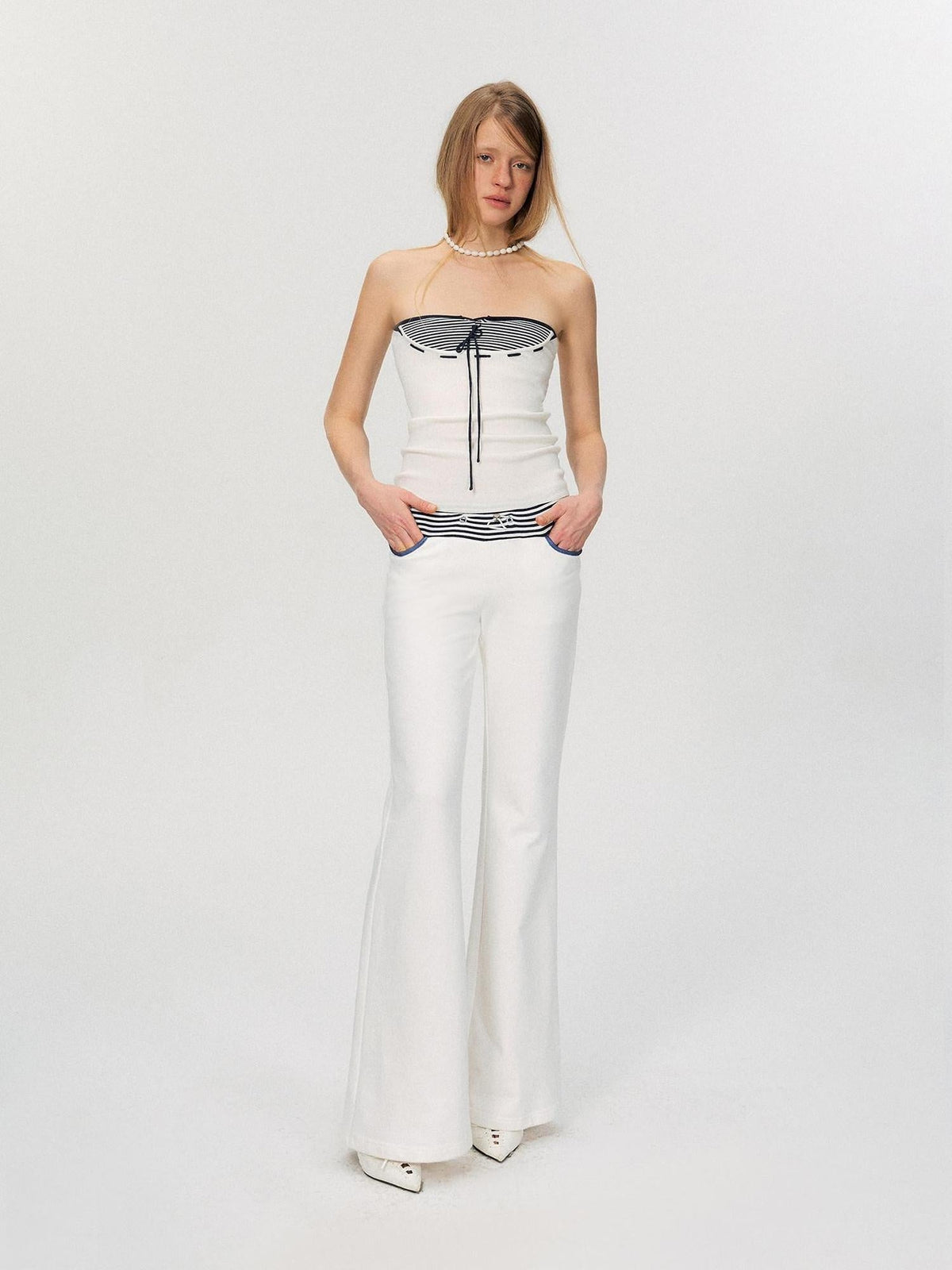 Comfortable Casual Cotton Blend Slight Flare Mid Rise Women White Straight Pants
