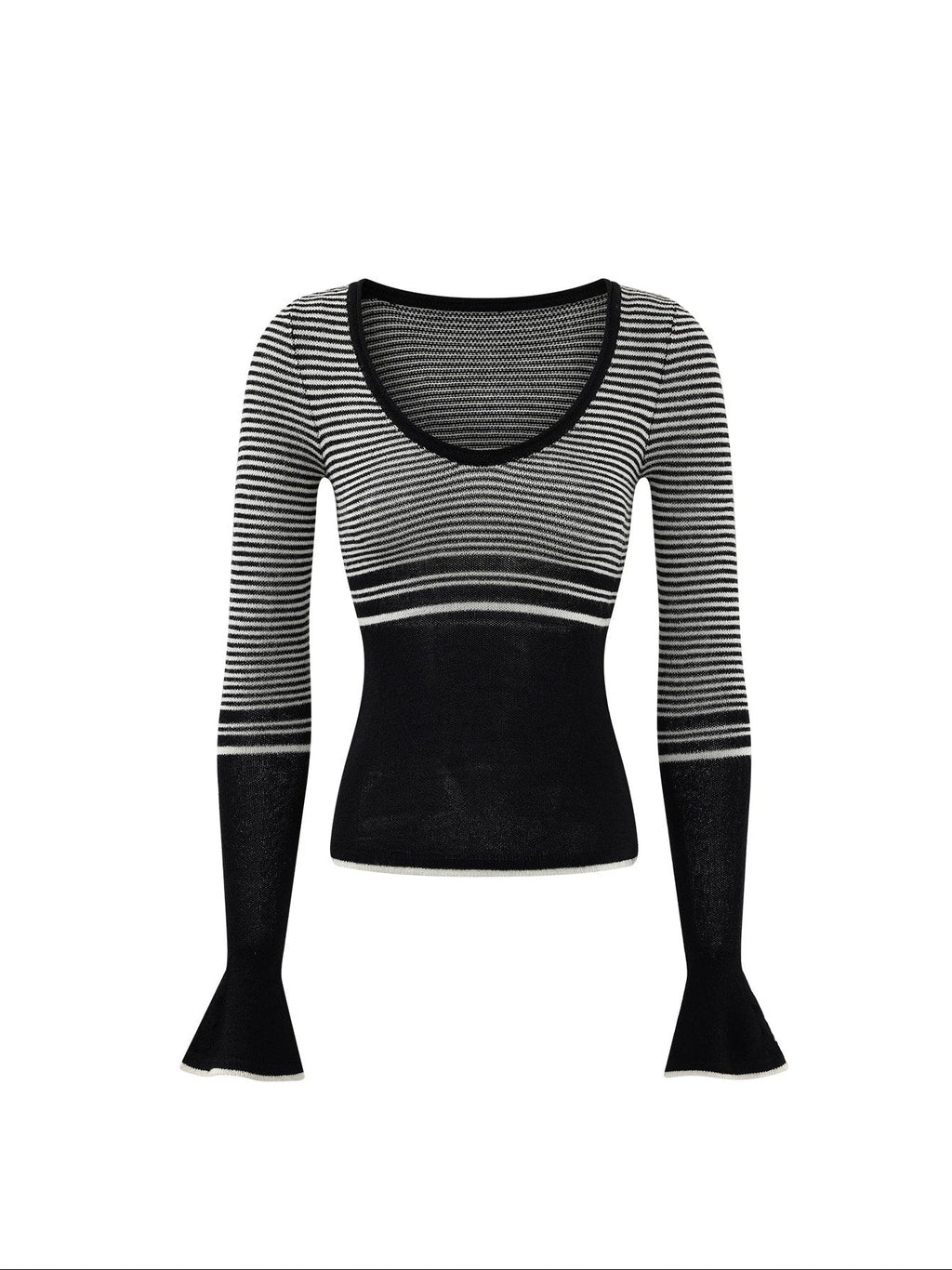 Soft Acrylic Slim V-neck Striped Casual Women Everyday Long Sleeve T-Shirts