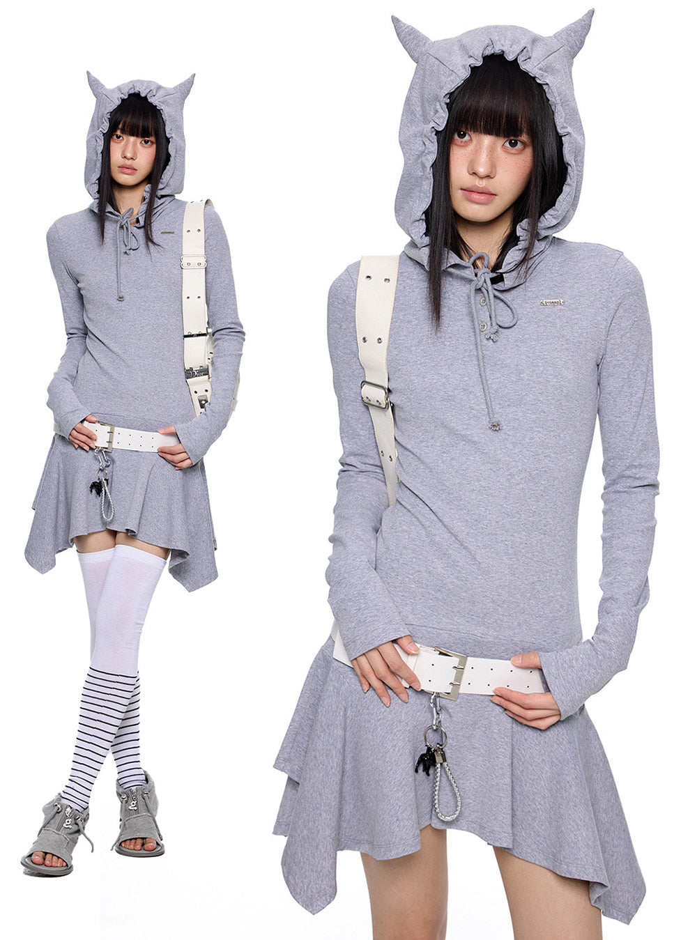 Horned Hood Stripe Mini Dress (2color)