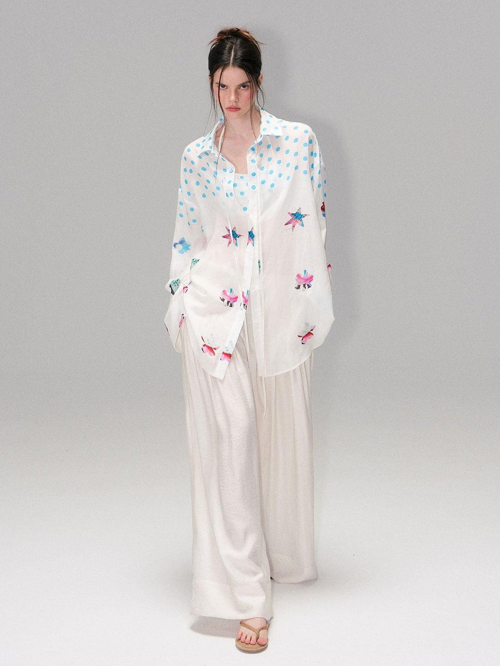 Soft Breathable Linen Blend Relaxed Drop Shoulder Polka Dot Long Sleeve Shirts