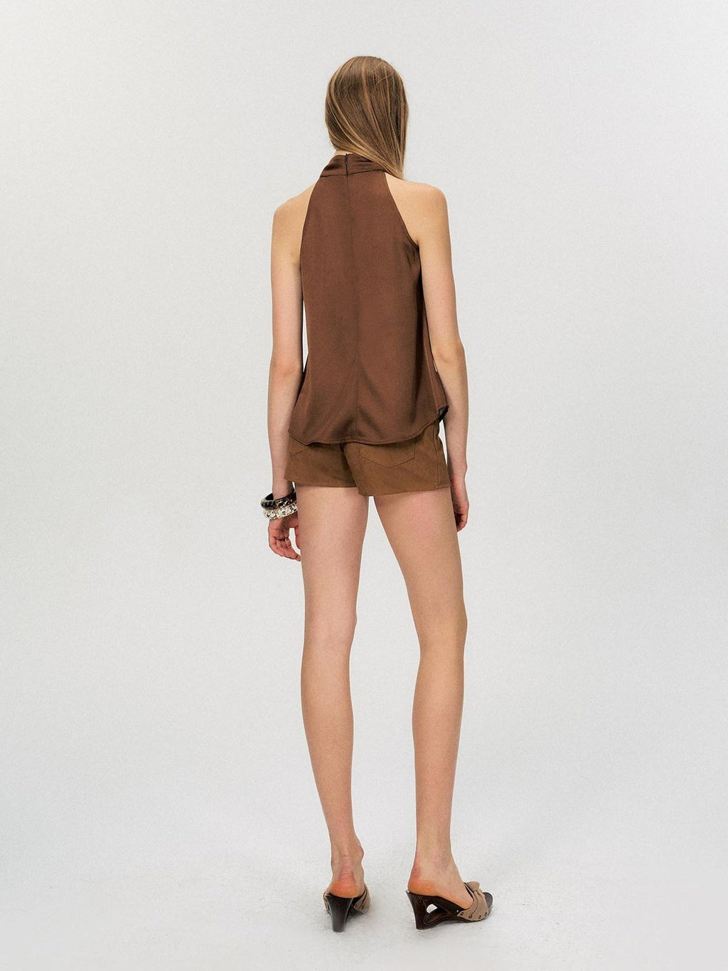 Silky Polyester Loose Mid Length Mock Neck Halter Women Satin Look Camisoles
