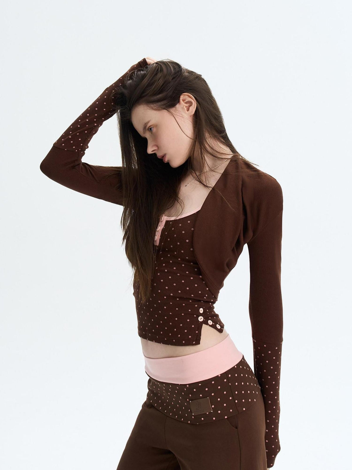 Polka Dot Patchwork Three Piece Long Sleeve Women Long Pants Top & Pants Sets