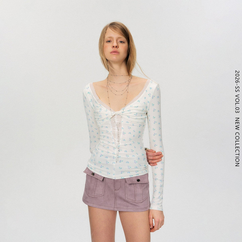 Sexy Mesh Floral Spliced Fitted Womens Stretch Long Sleeve Crop Tops