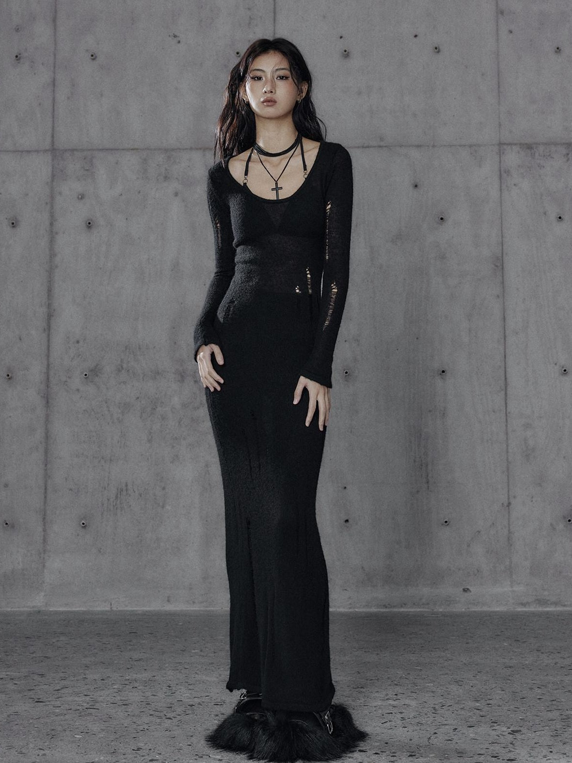 Waist Defining Wool Knit Tassel Casual Long Sleeve Round Neck Black Maxi Dresses