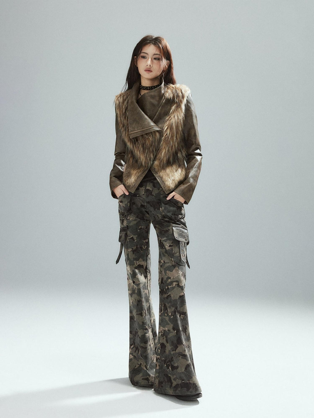 Thick Waist Cinch Patchwork Street Style Women Brown Zipper Lapel Cropped Jackets