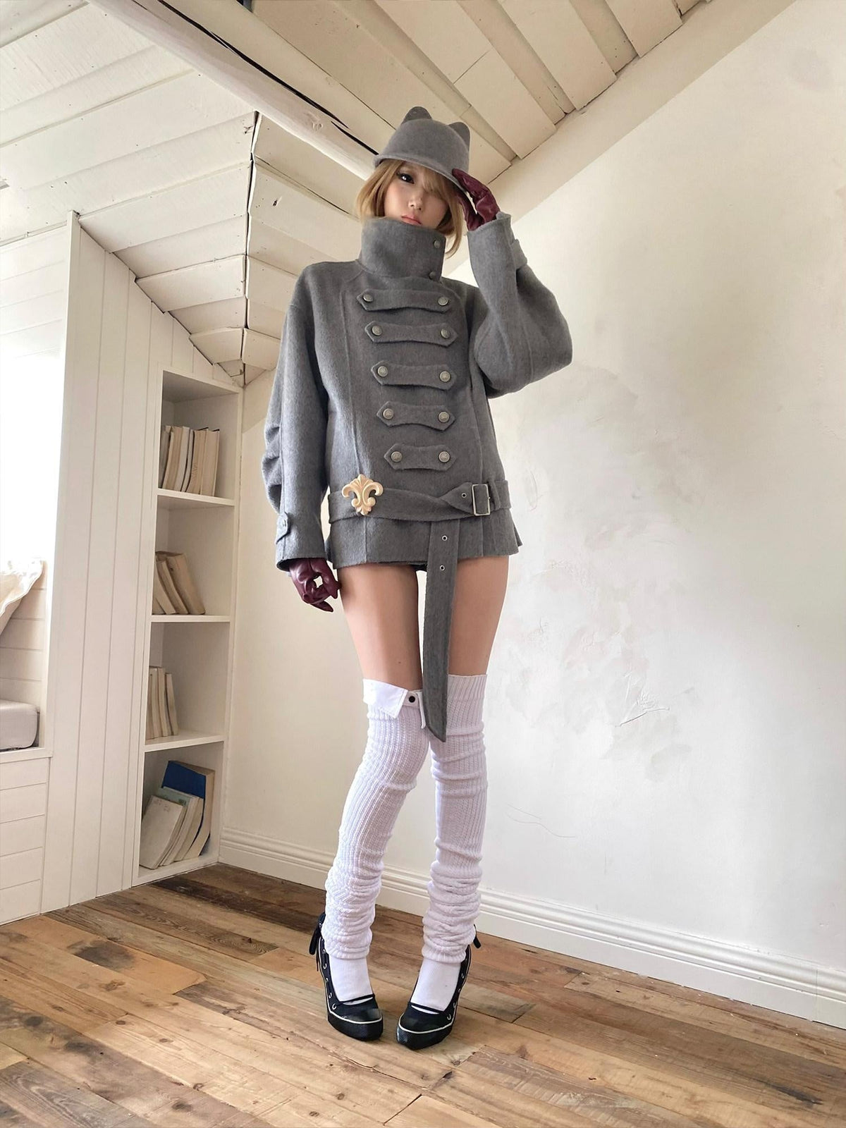 Warm Wool Blend Pleated Biker Collar Unisex Double Breasted Cropped Wool Coats