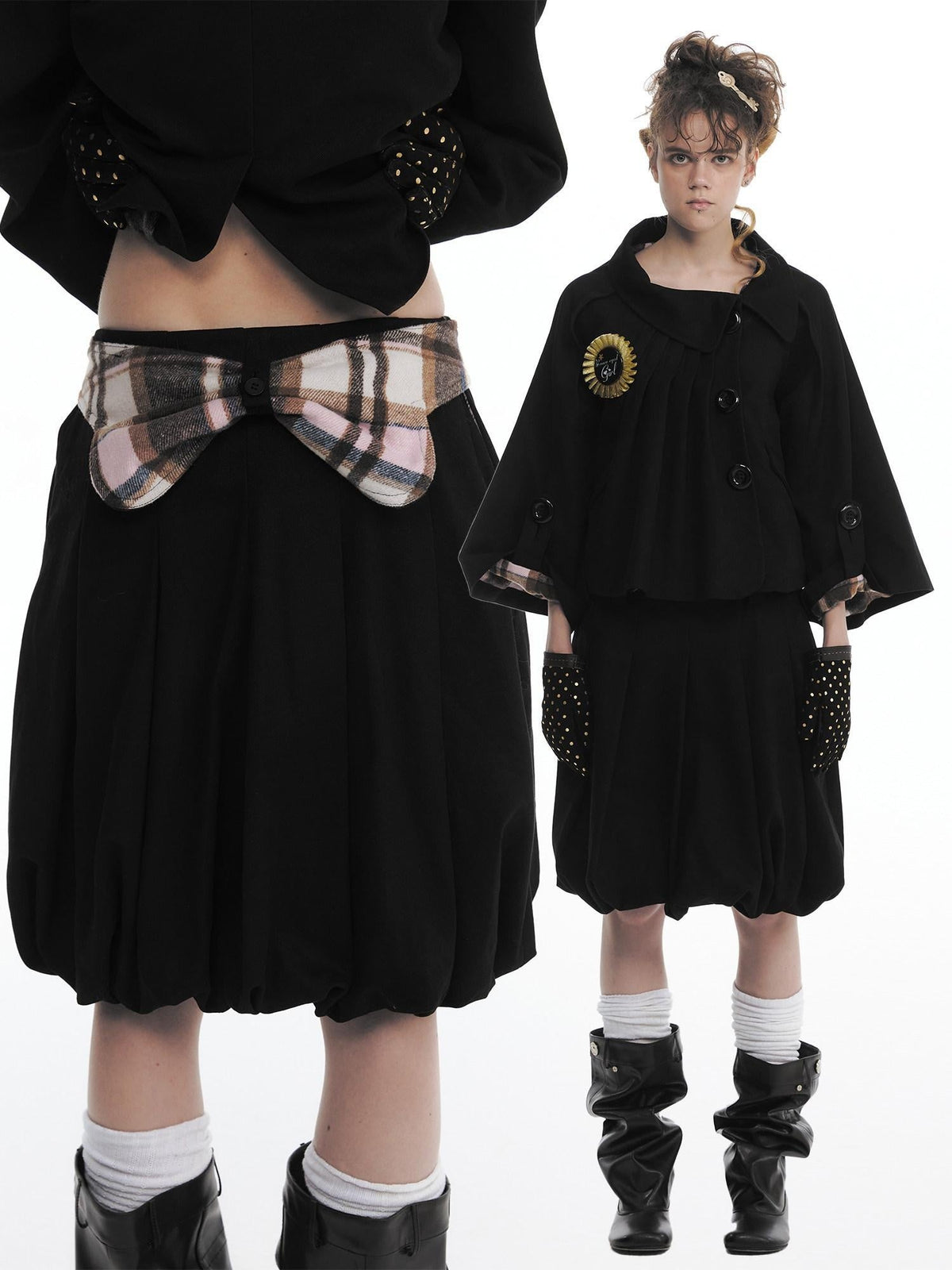 Cute Bow Plaid Cropped Lapel Top High Waist Skirt Unisex Top & Skirt Sets