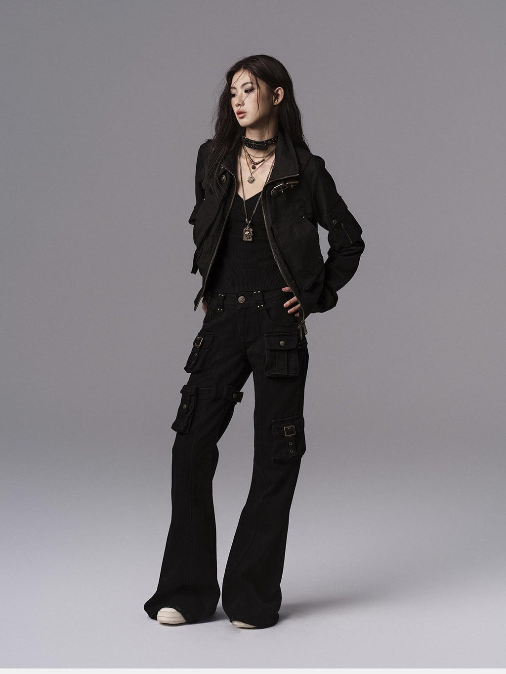 Dark Gothic Flared Mid Rise Pocketed Cotton Zip Fly Women Black Cargo Pants