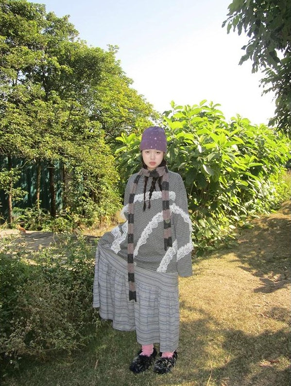 3months | LACE STRIPED LOOSE TOP【ID:TN00040】