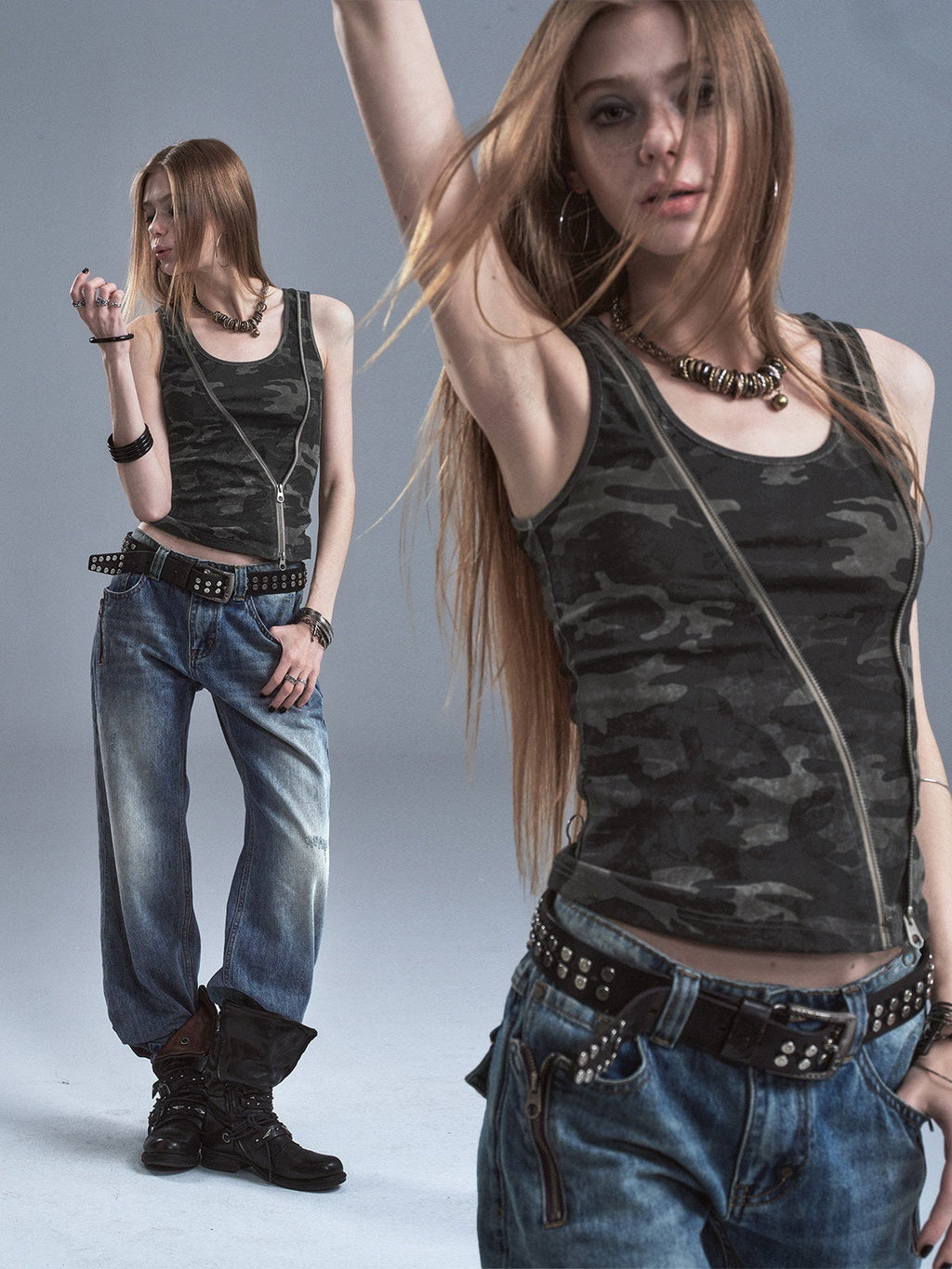 Printed Camo Black Diagonal Zip Two Way Cinched Waist Women'S Cotton Tank Tops