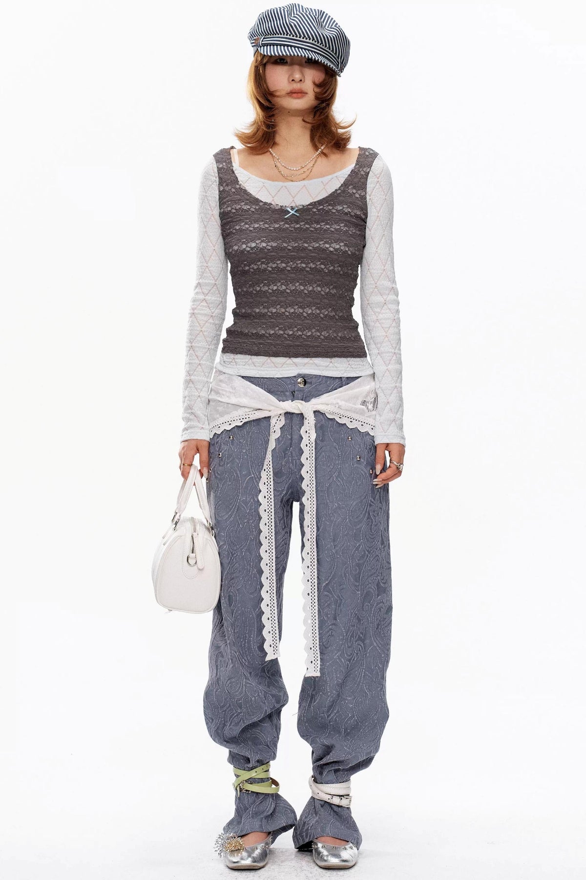 Blue-Gray Lace Knit Top