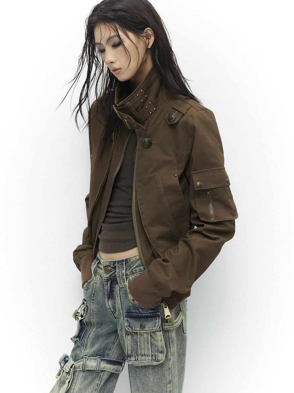 Slim Waist Dark Gothic Cotton Zip Stand Collar Long Sleeve Women Cropped Jackets