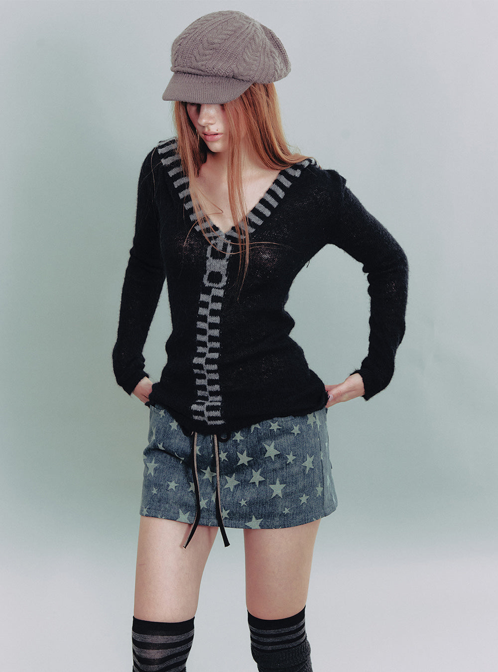Black Contrast Zip Jacquard Knit Top
