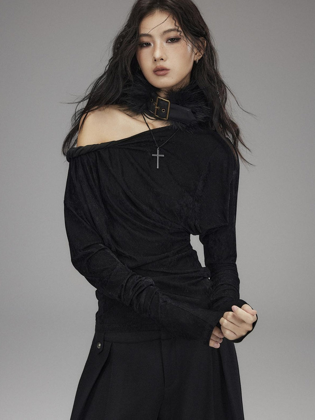Vintage Waist Long Sleeve Slant Neck Black Knit Women Off Shoulder Crop Tops