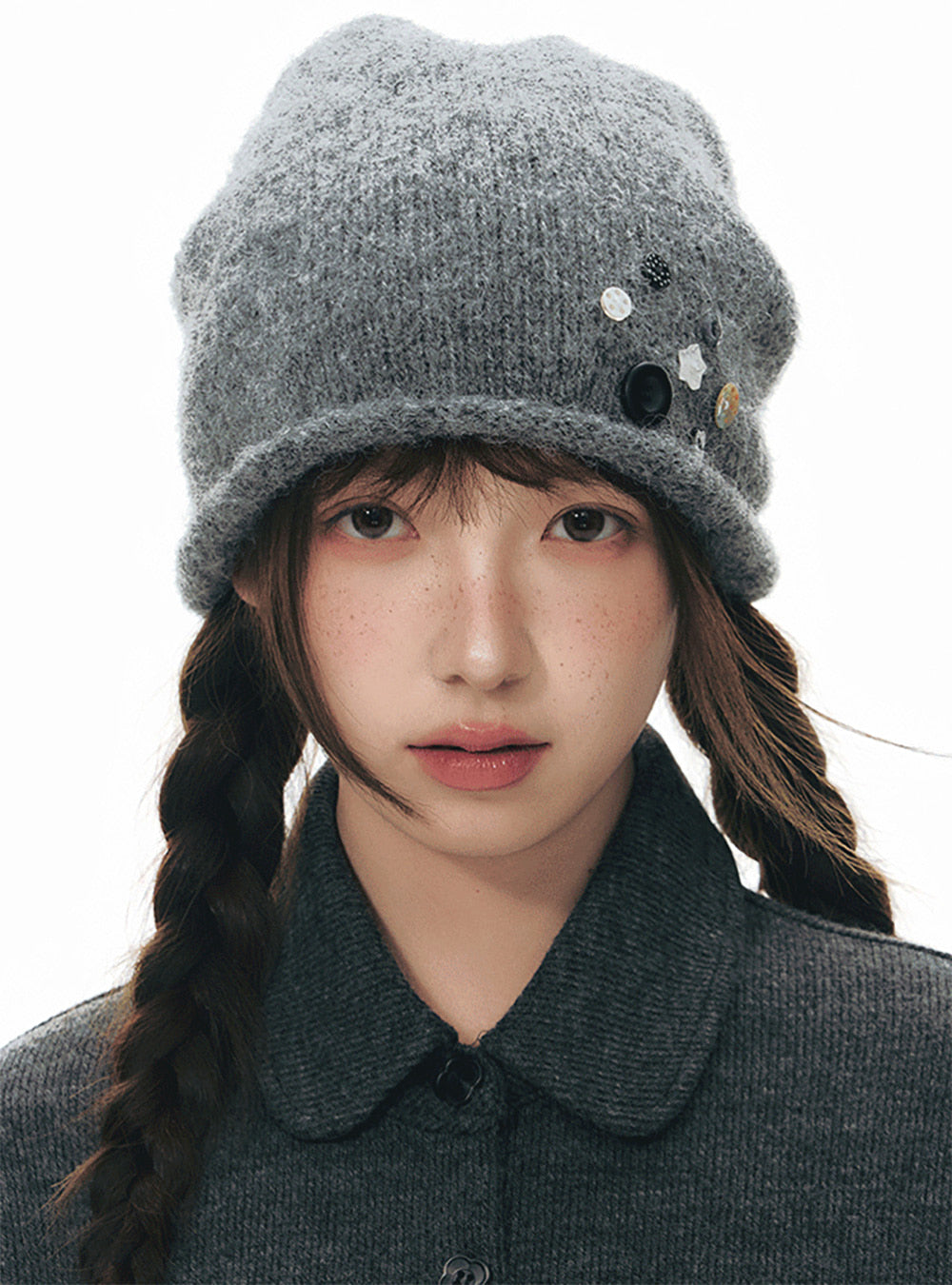 Gray Buttoned Handcrafted Beanie