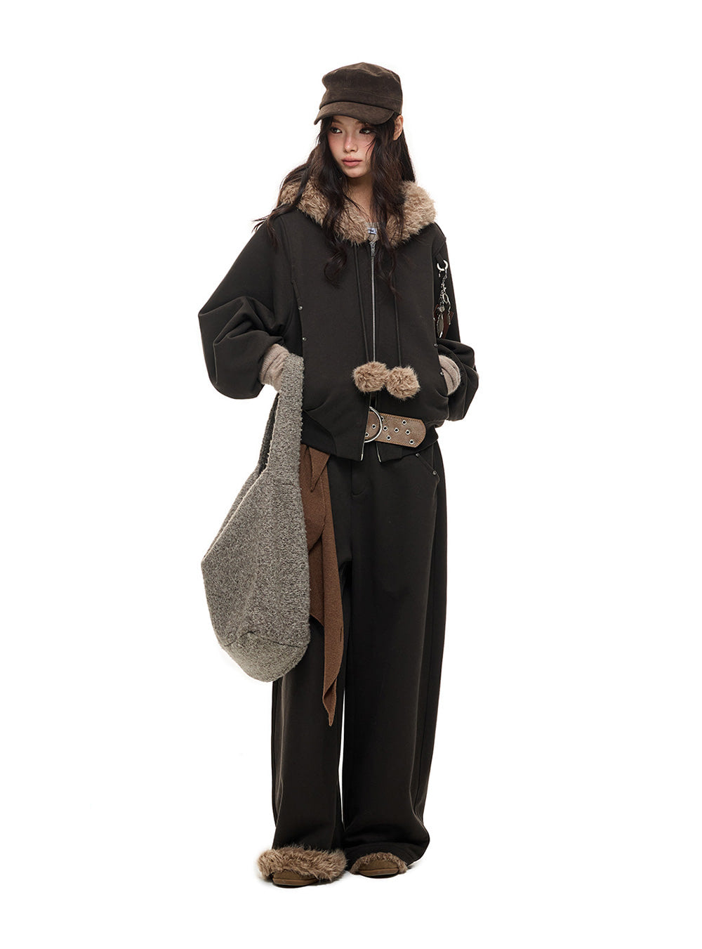 Trim Faux Fur Hoodie & Wide Pants