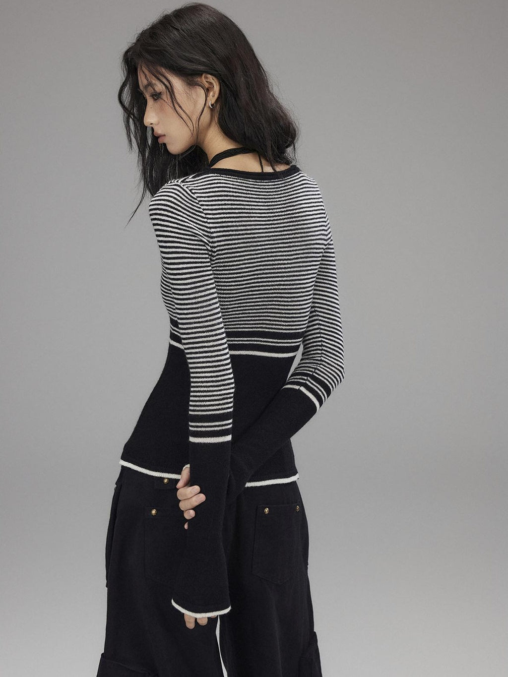 Soft Acrylic Slim V-neck Striped Casual Women Everyday Long Sleeve T-Shirts