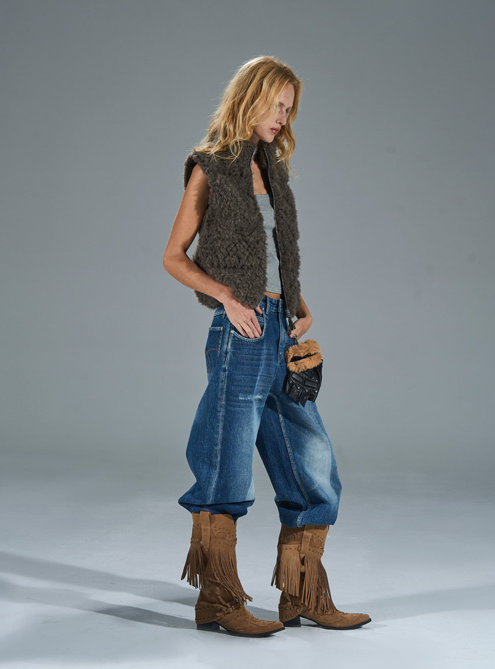 Quilted Bow Pattern Fur Slim Vest (2color)