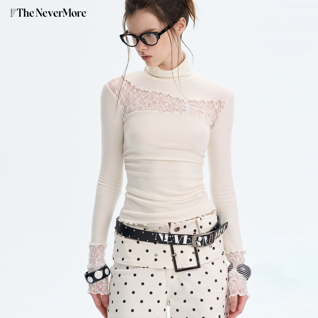 Sexy Slim Viscose Knit High Neck Women Splice Black White Long Sleeve T-Shirts