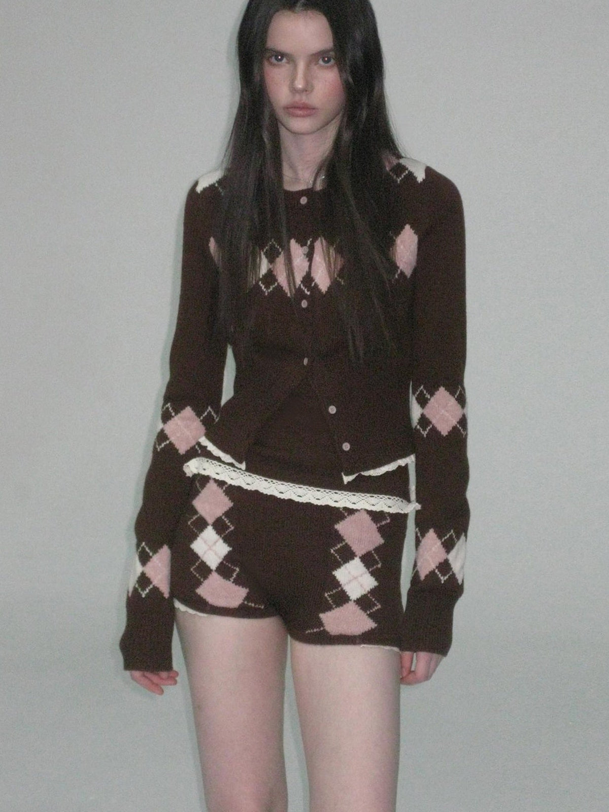 Cashmere Blend Sexy Argyle Button Cardigan Shorts Women Top & Shorts Sets