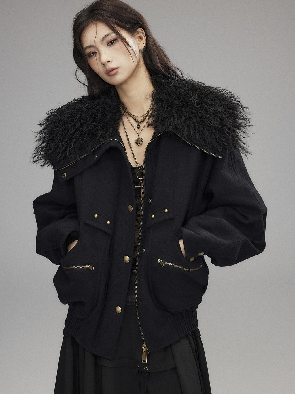 Thick Wool Blend Multi Pocket Loose Fit Sexy Girl Black Zipper Cropped Jackets