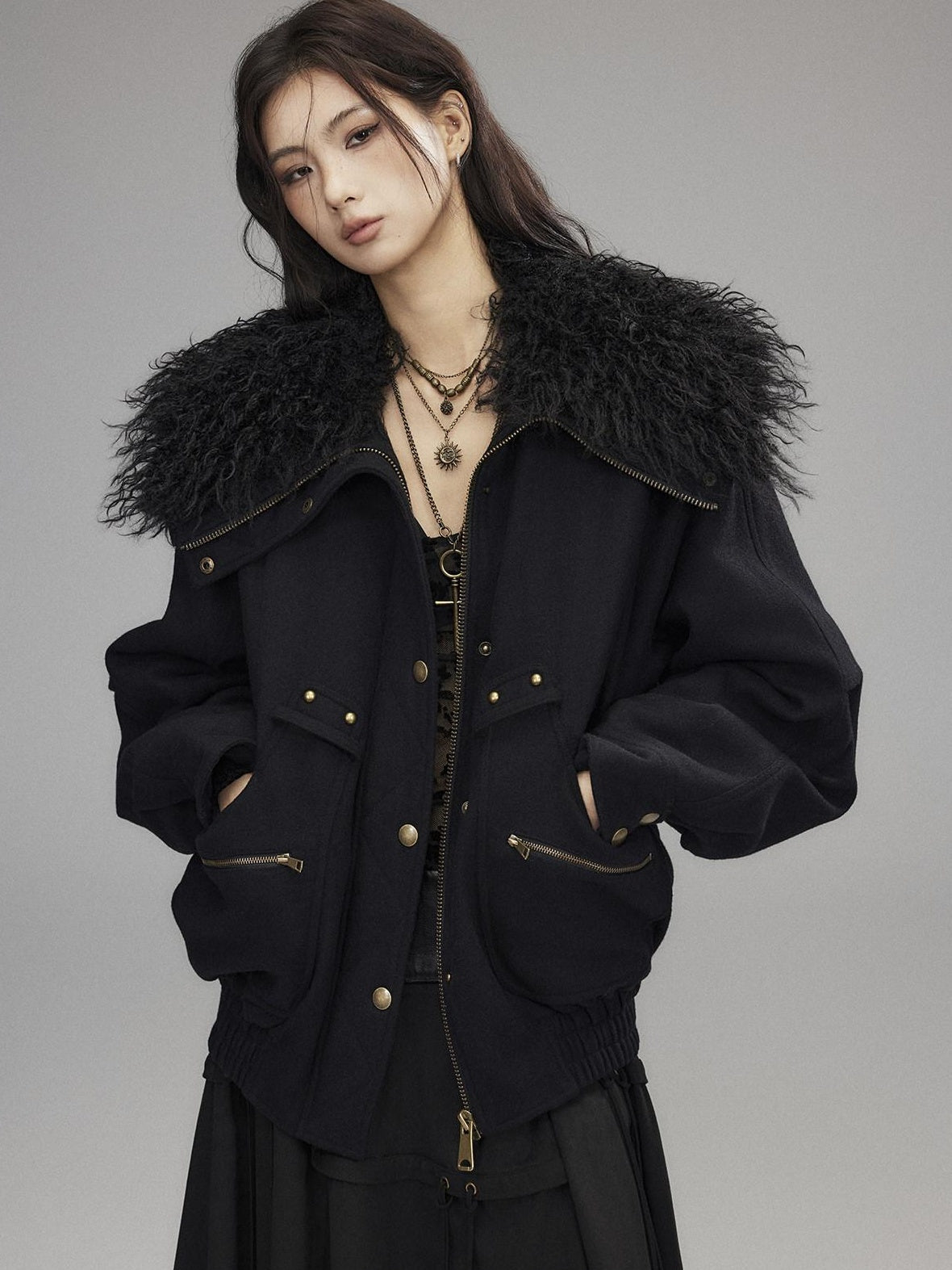 Thick Wool Blend Multi Pocket Loose Fit Sexy Girl Black Zipper Cropped Jackets