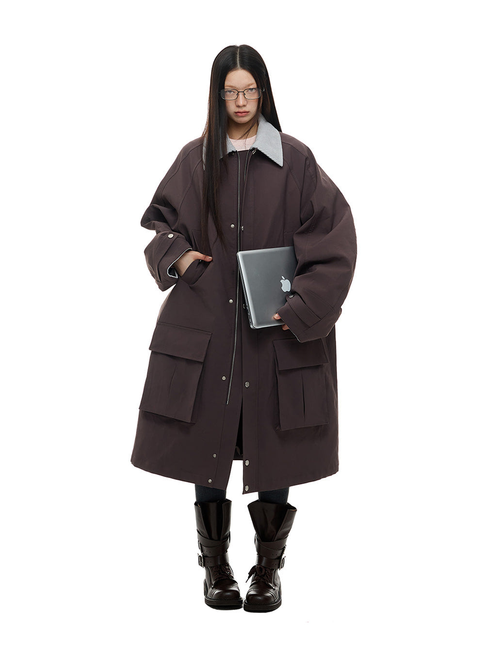 Corduroy-Trimmed Long Winter Coat