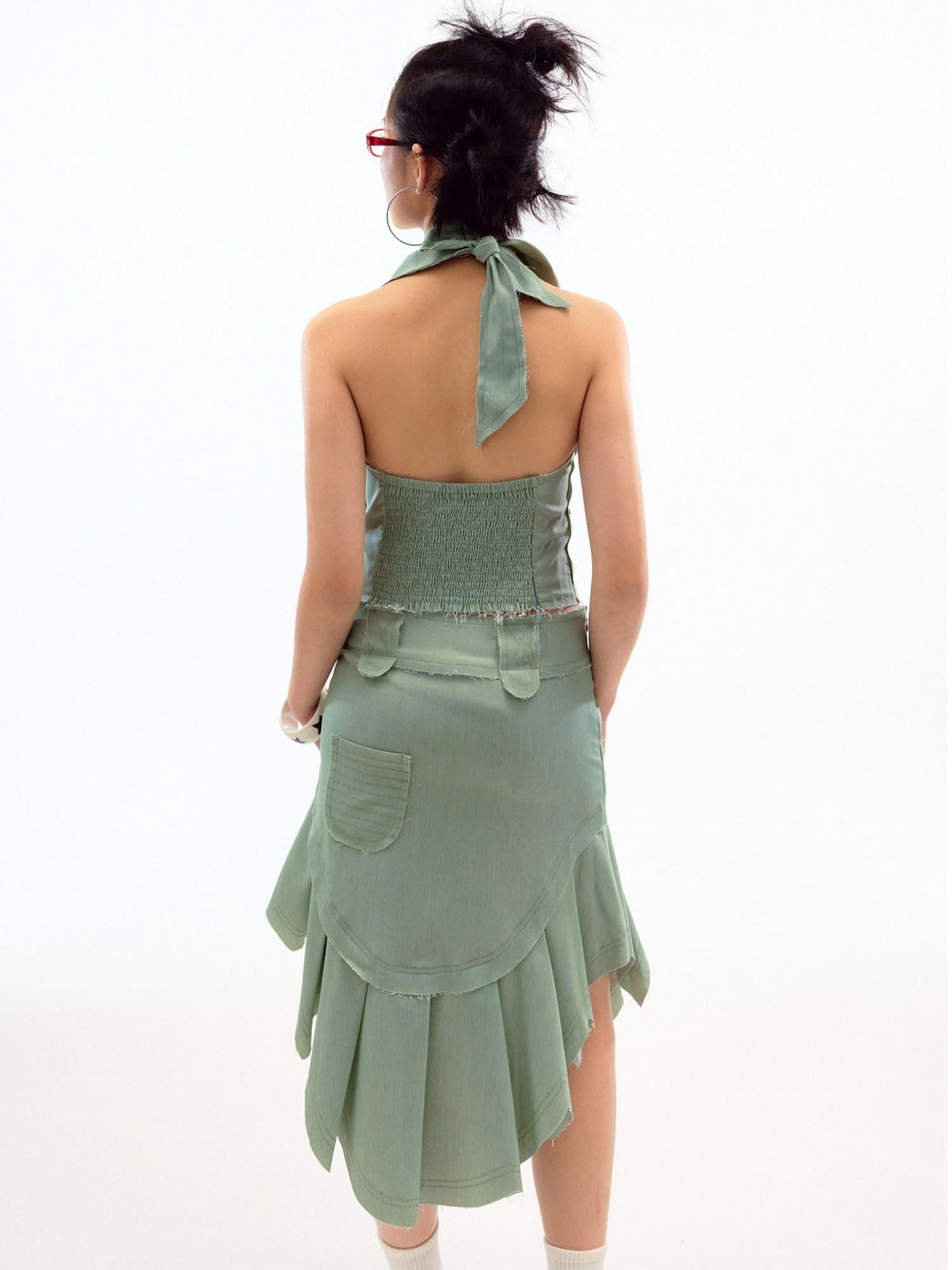 Beaded Distressed Chinese Mid Waist Irregular Hem Dark Green Zipper Midi Skirts