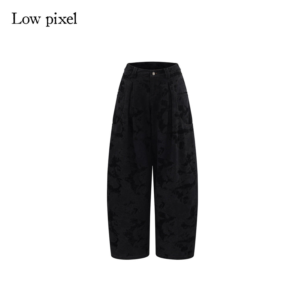 Black Cotton Flocked Low Rise Loose Street Women Zip Fly Wide Leg Jeans