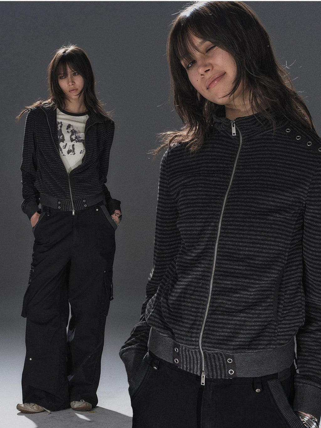 Black Gray Striped Eyelet Tape Splice Punk Women'S Polyester Casual Jackets