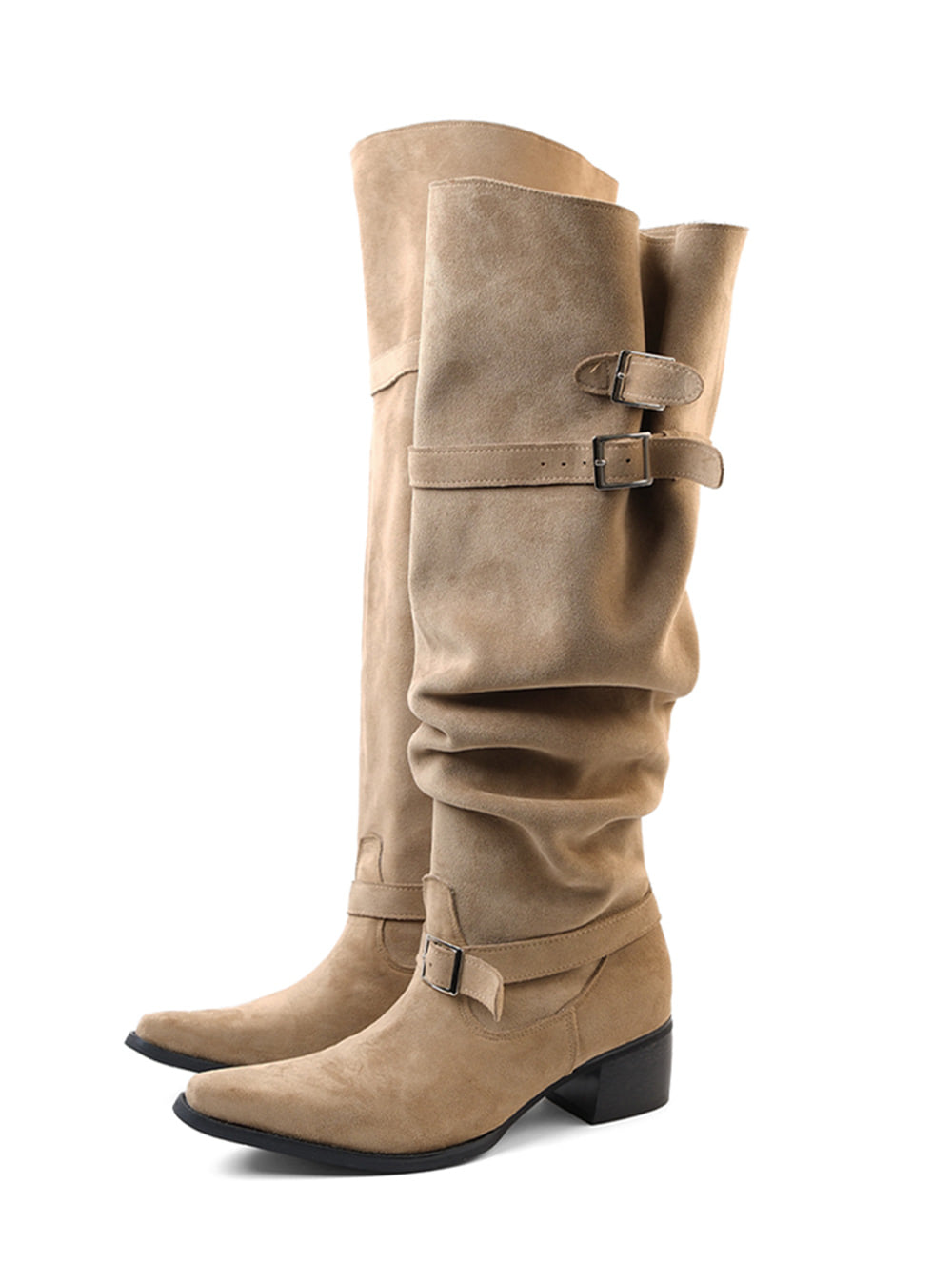 Khaki Suede Pointed-Toe Retro Riding Boots