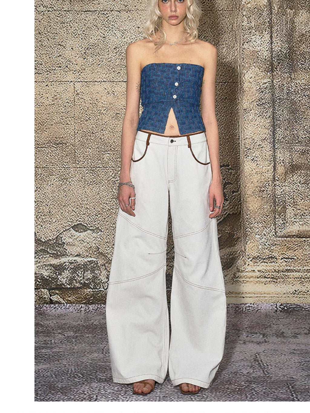 High Cotton Relaxed Distressed Low Rise White Denim Women Wide Leg Jeans