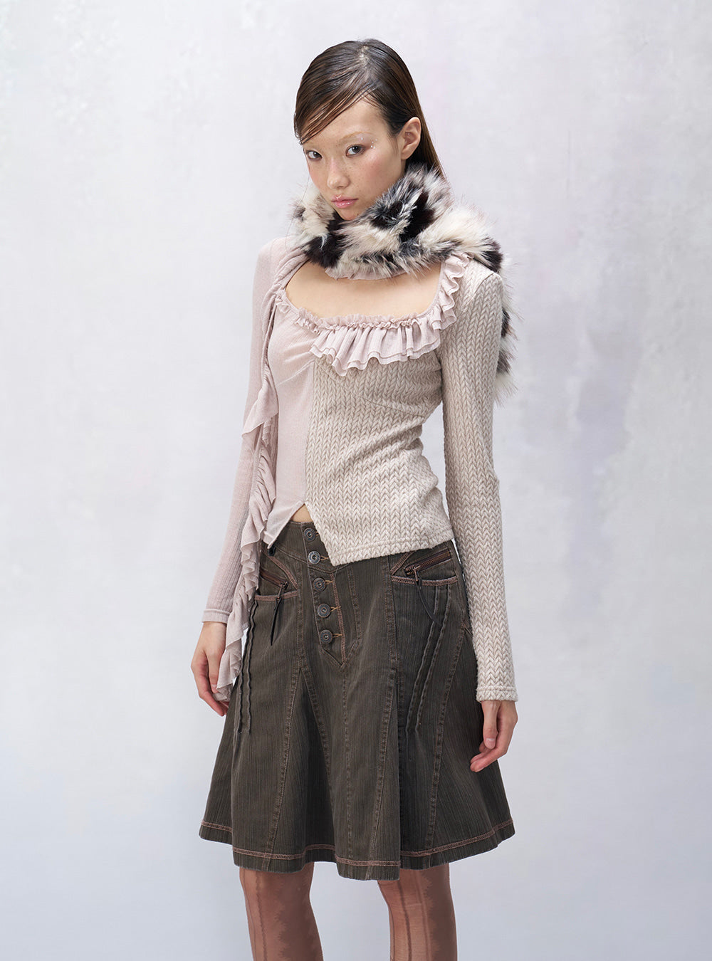 Patchwork Ruffle Ribbon Knit Top (2color)