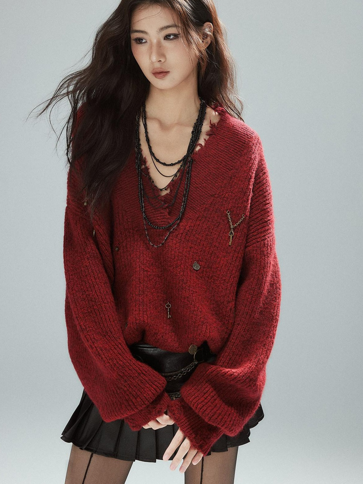 Warm Oversized Street Raw Hem Women V-neck Red Pullover Sweaters