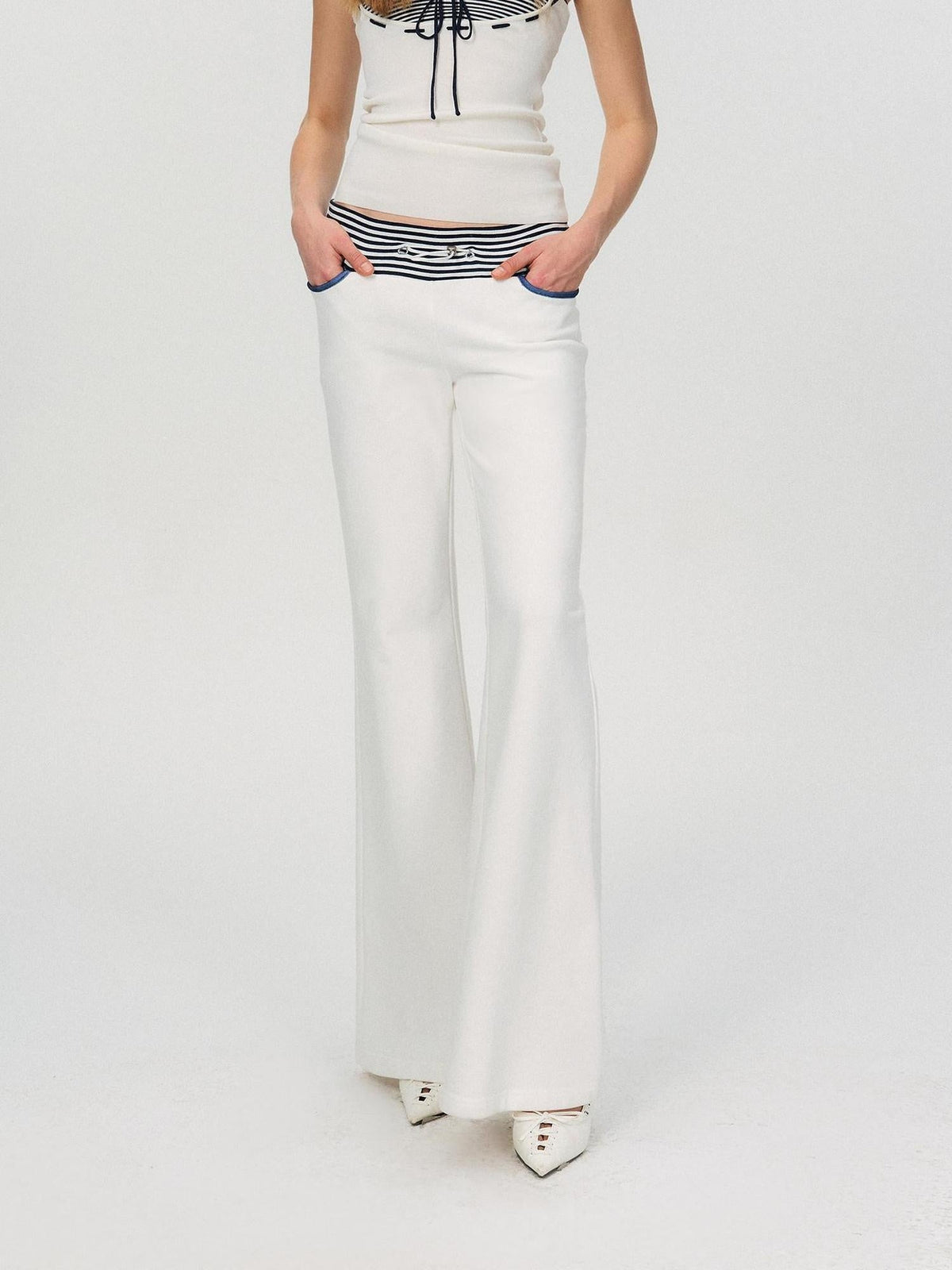 Comfortable Casual Cotton Blend Slight Flare Mid Rise Women White Straight Pants