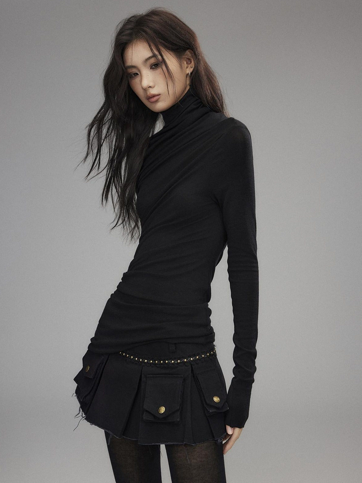 100% Cotton Low Waist Pleated A Line Sexy Women Daily Black Mini Skirts