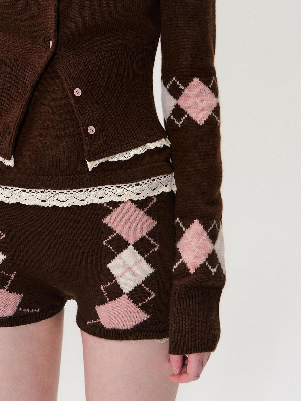 Cashmere Blend Sexy Argyle Button Cardigan Shorts Women Top & Shorts Sets