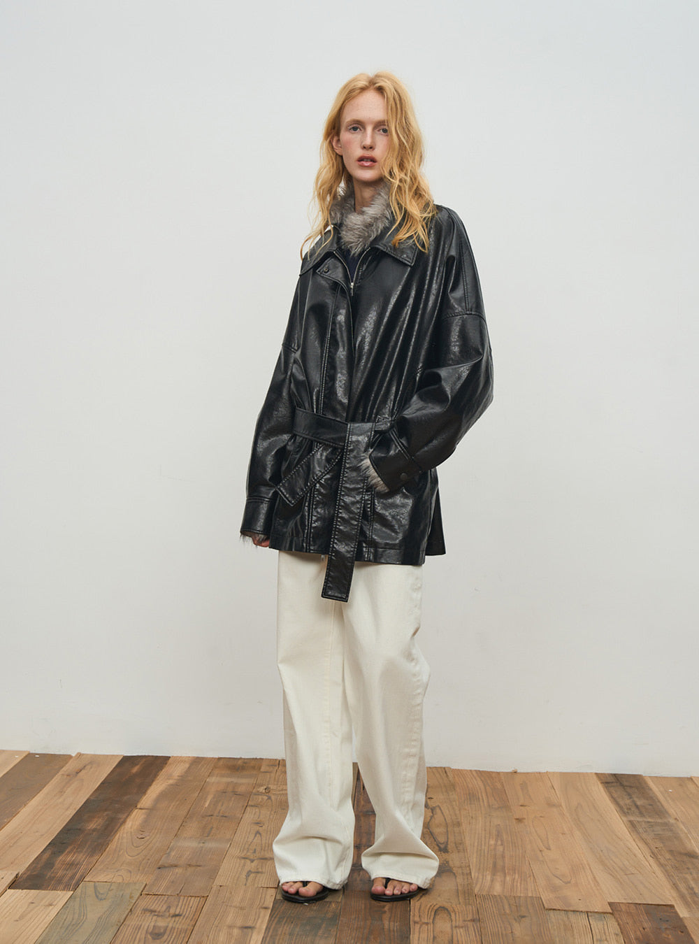 Glossy Black Belted Long Leather Coat
